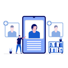 Poster - Choosing teacher online concept with characters. Student selecting teacher profile on smartphone screen. Modern vector illustration in flat style for landing page, web banner, hero images