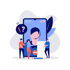 Poster - frequently asked questions vector illustration concept with character talking with customer support.