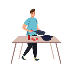 Wall Mural - man cooking with wooden table, on white background vector illustration design