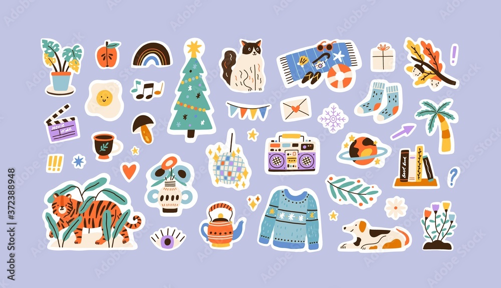 Set of colorful hand drawn stickers vector flat illustration ...