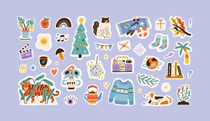 Poster - Set of colorful hand drawn stickers vector flat illustration. Collection of different decoration for weekly or daily planner and diaries isolated. Funny signs, symbols, objects and image templates