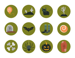 Wall Mural - happy halloween, trick or treat party celebration balloon cat bone pumpkin bat spider flat and block icons set