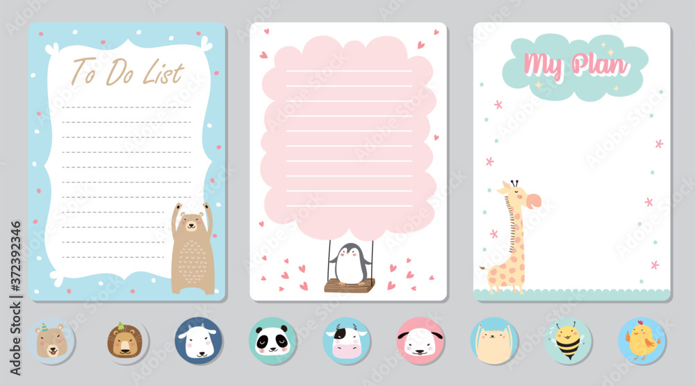 Set of planners and to do list with cute animal illustrations. Template ...