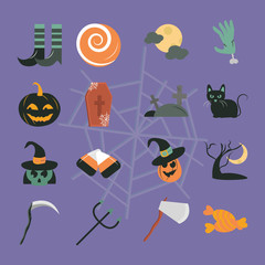 Canvas Print - happy halloween, purple background trick or treat party celebration flat icons set