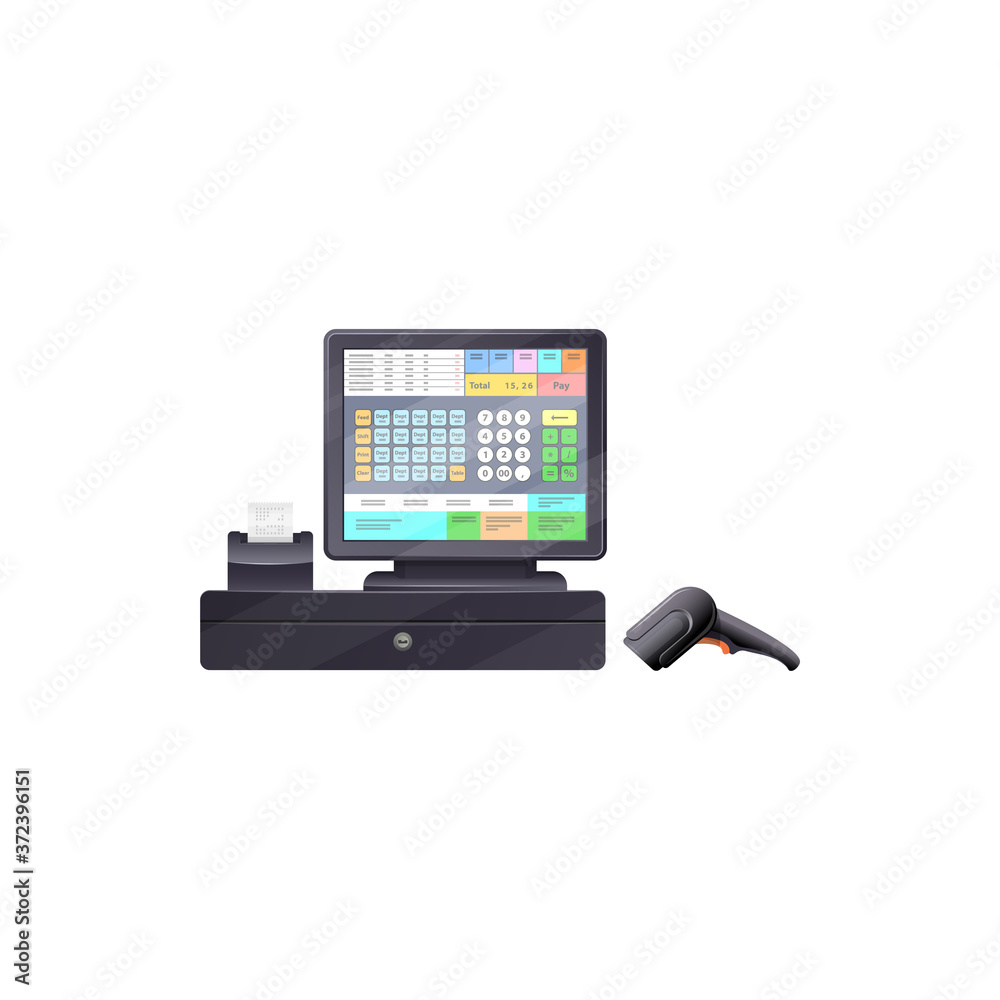 Touchscreen cash register with bar code reader, printing checks ...