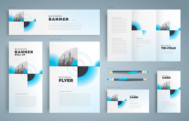 Circles theme Set flyer cover, tri-fold, banner, roll up banner, business card blue color