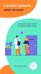 Wall Mural - Female patient in doctor office flat vector illustration. Cartoon physician helping with diagnosis and medical therapy. Healthcare and hospital treatment concept