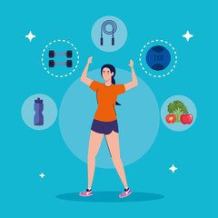 Poster - woman practicing exercise, with sport icons vector illustration design