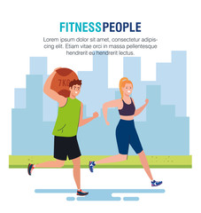 Sticker - banner fitness people, couple practicing exercise outdoor vector illustration design