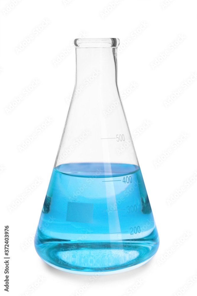 Flask with liquid on white background