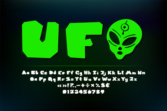 UFO alphabet geometric shape. Flat English ABC white letters on dark background. Vector