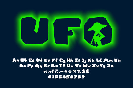UFO alphabet geometric shape. Flat English ABC white letters on dark background. Vector