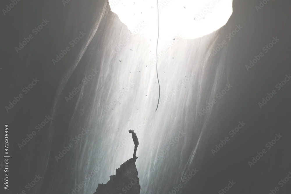illustration of man finding a way to get out of darkness, rope from the sky, surreal concept - obrazy, fototapety, plakaty 