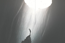 Illustration Of Man Finding A Way To Get Out Of Darkness, Rope From The Sky, Surreal Concept