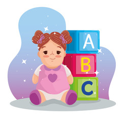 Poster - kids toys, cute doll and alphabet cubes with letters a, b, c vector illustration design