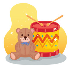 Sticker - kids toys, drum with teddy bear vector illustration design