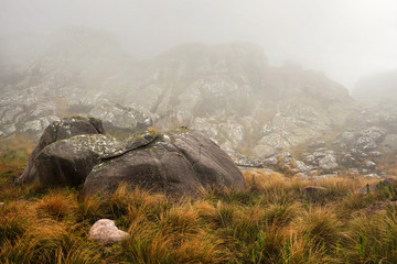 Mist rolling over brown green grass growing near lichen covered rocks, typical scenery seen in Andringitra national park, during trek to pic Boby