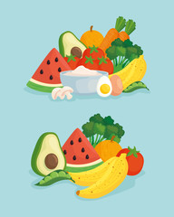 Sticker - banner with vegetables and fresh fruits, concept healthy food vector illustration design