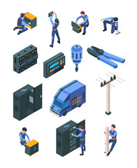 Poster - electrician working. isometric people in uniform making safety electric systems vector professional 