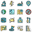 Ichthyology icons set. Outline set of ichthyology vector icons thin line color flat on white