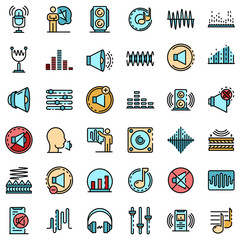 Poster - Acoustics icons set. Outline set of acoustics vector icons thin line color flat on white