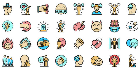Sticker - Rage icons set. Outline set of rage vector icons thin line color flat on white