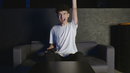 Wall Mural - Funny excited young young man gamer winner holding joystick controller playing videogame sitting on sofa feeling overjoyed celebrating victory winning in video game alone at home