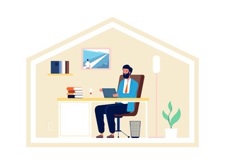 Poster - man work from home. isolation period, safe life and freelance job. businessman communicate with tabl