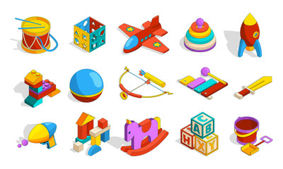 Poster - toys isometric. colored kindergarten objects for kids plastic preschool toys sets box blocks drum ca