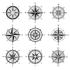 Poster - Wind rose set. Travel adventure sailing nautical rose destination directional arrows vector navigation symbols for old map. Illustration travel compass wind rose