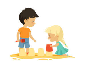 Wall Mural - Boy girl in sandbox. Outdoor activity, isolated cartoon kids playing. Happy childhood, kindergarten vector illustration. Sandbox in kindergarten, play childhood outdoor