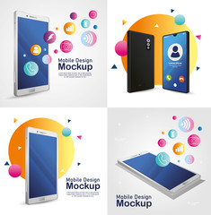 Sticker - posters mobile design mockup, realistic smartphones devices vector illustration design