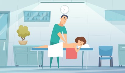 Canvas Print - Massage room. Nurse works with patient. Medical rehabilitation of athletes, muscle warming. Girl on couch in doctor office vector illustration. Massage treatment room, patient and therapist