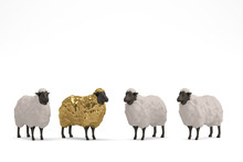 Golden Sheep Isolated On White Background, 3D Render. 3D Illustration.