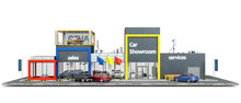 Front View On Modern Colorful Car Showroom On A Piece Of Ground, 3d Illustration