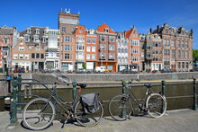 Kadijksplein, With Crooked Heritage Buildings And Bicycles In The Foreground, Located In Amsterdam Centrum, Amsterdam, Netherlands