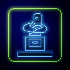 Sticker - glowing neon grave with tombstone icon isolated on blue background. vector.