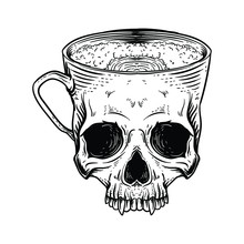 Tattoo And T-shirt Design Black And White Hand Drawn  Skull Mug Coffee Cup Premium Vector
