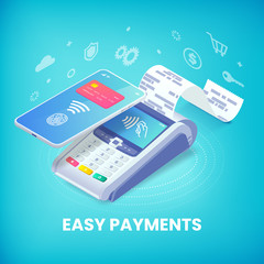 Easy contactless payment via smartphone isometric banner concept. 3d payment machine and mobile phone with credit card and fingerprint on screen, icons. NFC payment transaction vector illustration