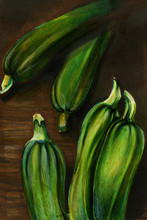 Hand Drawing Autumn Harvest Vegetables Green Zucchini On A Wooden Table Illustration With Markers