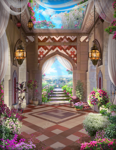 Dekoracja na wymiar  piekny-arabski-luk-z-kwiatami-lampionami-widokami-na-pustynie-i-tulipanami-cyfrowy-kolaz-mural