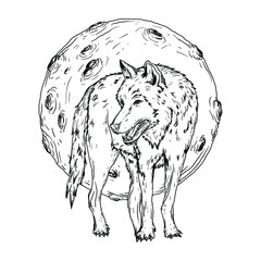 tattoo and t-shirt design black and white hand drawn  wolf and moon premium vector