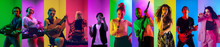 Collage Of Portraits Of 10 Young Emotional Talented Musicians On Multicolored Background In Neon Light. Concept Of Human Emotions, Facial Expression, Sales. Playing Guitar, Singing, Dancing.