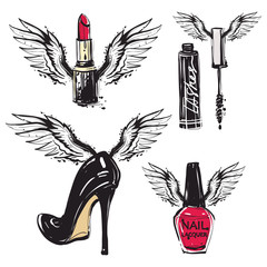 Wall Mural - Vector fashion sketch. Hand drawn graphic flying black heel, enamel, mascara, red stick with angel wings. Contrasty glamour fashion in vogue style. Isolated elements on white background