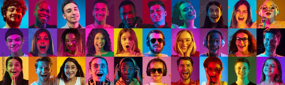 Collage of portraits of 23 young emotional people on multicolored background in neon. Concept of human emotions, facial expression, sales, ad. Listening to music, smiling, laughting, shocked, cheerful - obrazy, fototapety, plakaty 