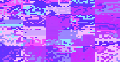 Poster - Abstract pixelated background with flickers and datamoshing effect for programming and steganography subject. Vaporwave and cyberpunk style aesthetics.