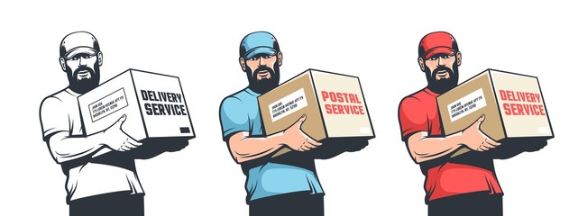 Delivery man holding parcel box. Courier postman with package. Vector retro illustration.