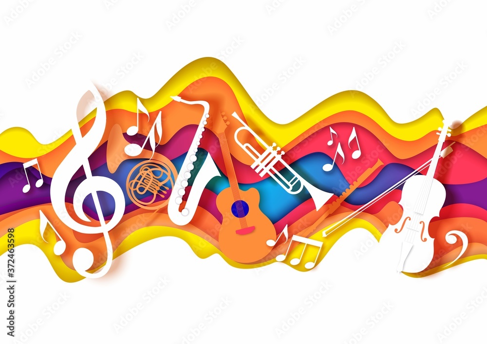 Vector layered paper cut craft style music composition of saxophone guitar trumpet violin music instruments, notes on abstract color background. Jazz concert festival party poster banner card template - obrazy, fototapety, plakaty 