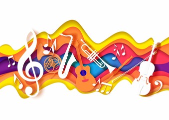 Vector layered paper cut craft style music composition of saxophone guitar trumpet violin music instruments, notes on abstract color background. Jazz concert festival party poster banner card template