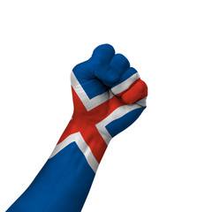 Hand making victory sign, iceland painted with flag as symbol of victory, resistance, fight, power, protest, success - isolated on white background